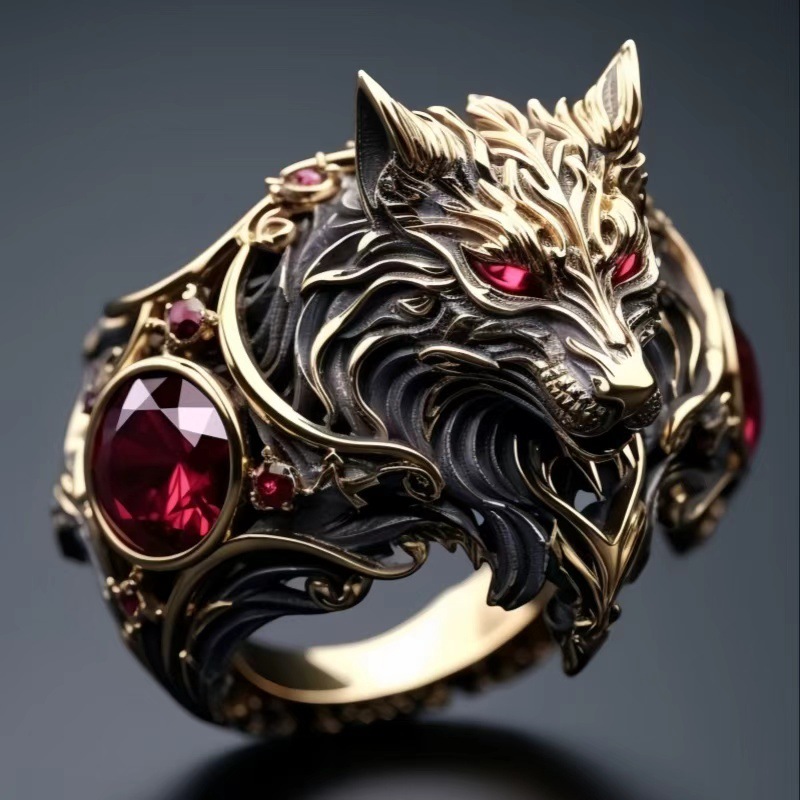 Copper Vintage Wolf Ring, Set With Red Cubic Synthetic Synthetic Zircon​​ Gothic Animal-shaped Ring, Nordic Fashionable Men's Jewelry, Daily Wear, Birthdays, And Holidays As A Gift