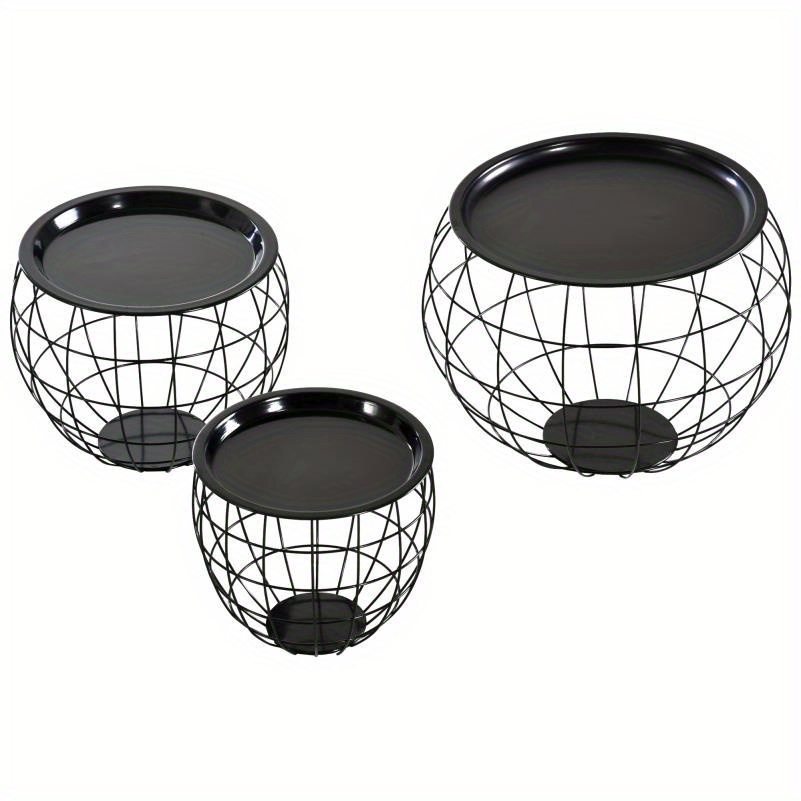 3pcs Modern Metal Coffee Table Set with Removable Top & 2 End Tables - Black  ,   with Open Grid Pattern, Space-Saving Nesting Tables for Living Room, Bedroom, Durable Metal Construction, Minimalist Furniture for Small Spaces, Contemporary Home Decor, Nesting Tables for Living Room, Coffee Table For Living Room, Coffee Table And End Table, Coffee And End Table Set, Coffee Table, End Table Living Room, Living Room Table Set