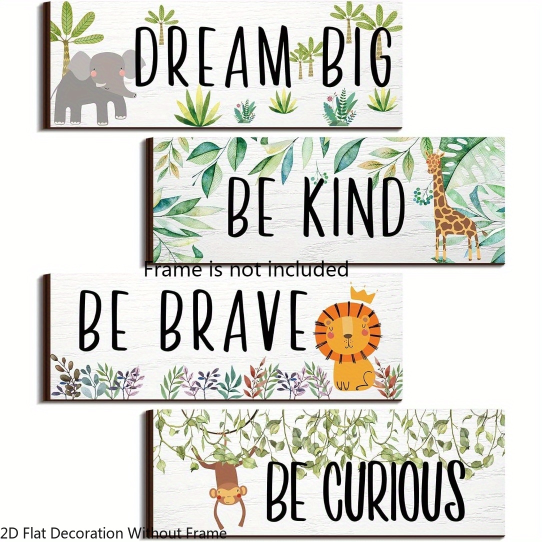 TEMU 2d Flat, 4pcs 2d Flat Unframed Paper Print Posters, 4x10 Inch Jungle Animal Inspirational Wall Art, " Be Kind " Positive Quotes Prints For Kids
