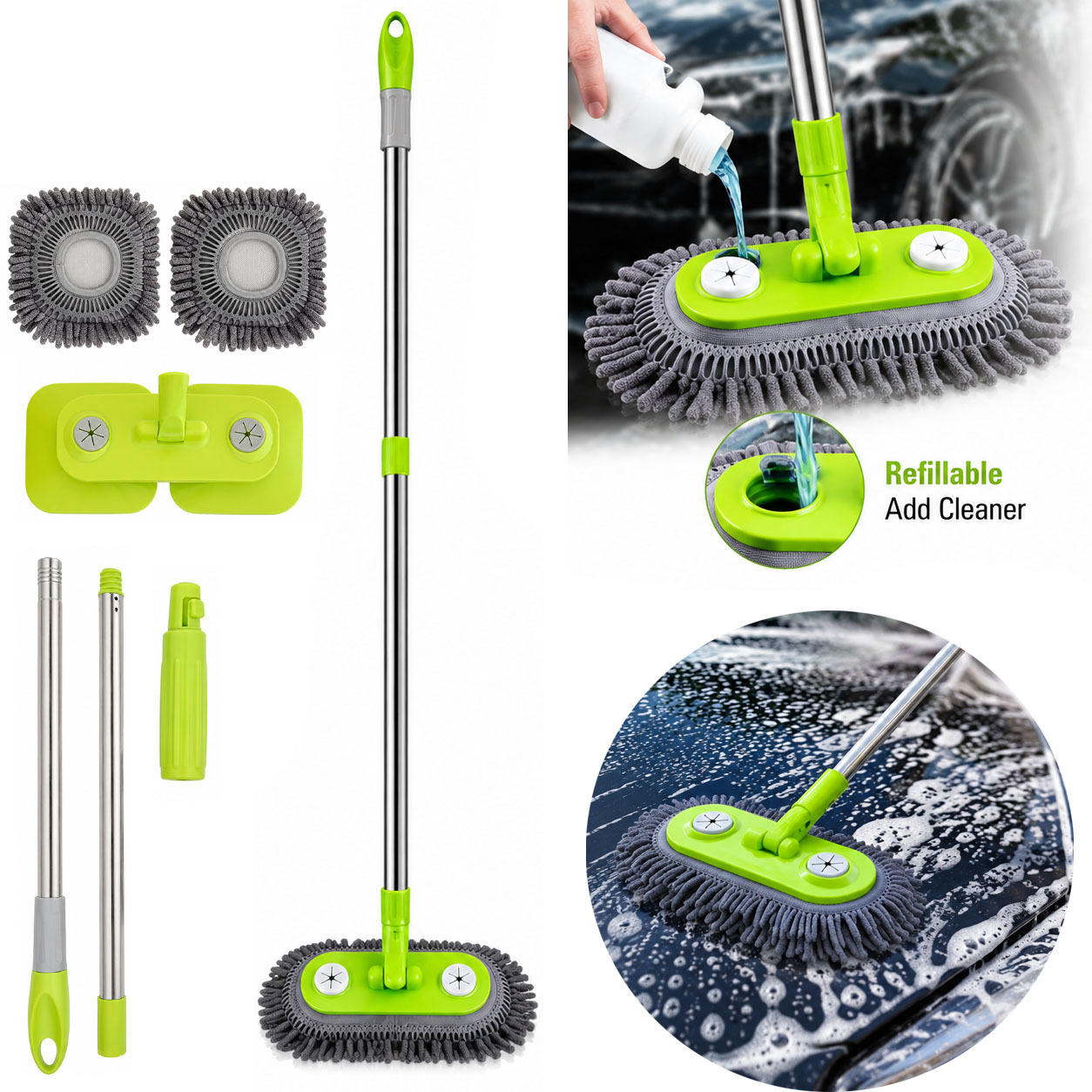 TEMU 6pcs Set(2 Poles+ 1 Mop Head+ 2 Cloth Pads+ 1 Connector) 2-in-1 Dual Head Car Wash Mop With Refillable Soap Dispenser, Soft Chenille Microfiber