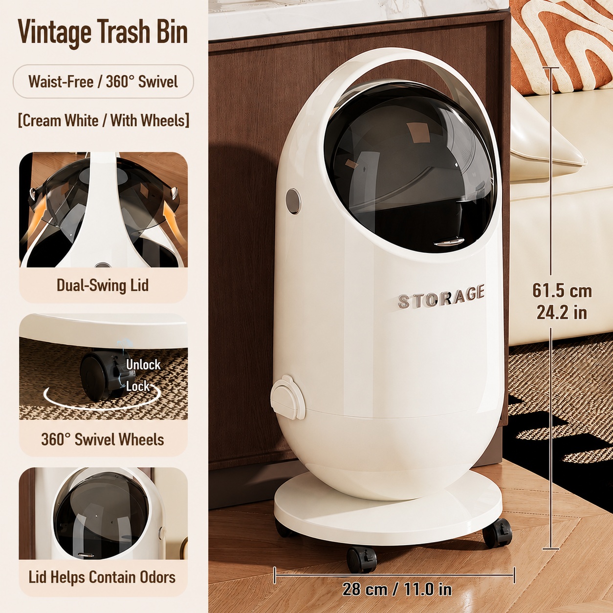 Image of 20l Space Capsule Trash Can With Removable Inner Bucket, Modern Odor-proof Waste Bin With Lid, Rolling , Durable Pp Plastic Wastebasket For Bathroom, Bedroom, Office And Living Room