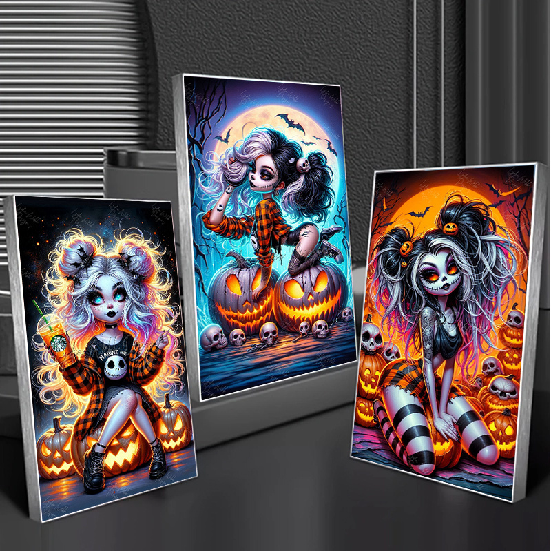 TEMU New Halloween Stuff Is Here! 3pcs Diamond Painting Set, Home Wall Decoration, Holiday Party Decoration Halloween Skeleton Girl Diamond Painting,