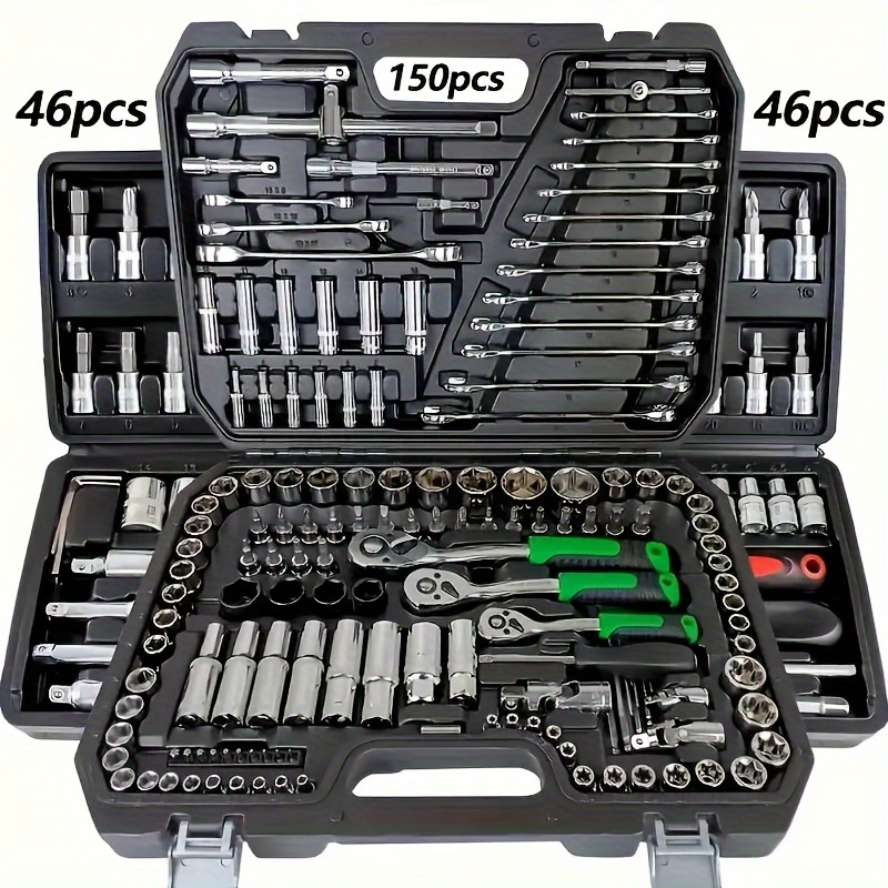 150 46pcs auto mechanical repair tool set multifunctional with socket wrench and ratchet set durable metal structure tool box with storage box no electricity required Product details 1