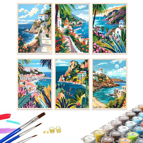 6pcs paint by numbers kit for adults beginners 9 84x13 78in 25x35cm color canvas easy diy vacation scenery theme acrylic painting set with brushes paints home decor gifts for birthdays fathers day christmas mothers day