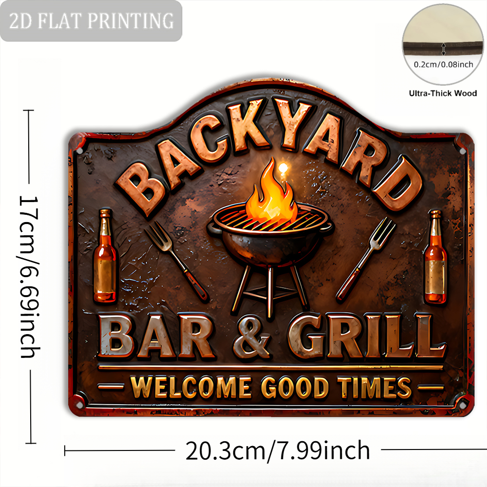 TEMU 2d Flat, [2d Flat] 1pc 1pcs Suitable For Bbq Bar Sign - Wood Vintage Wall Plaque With English Backyard Slogan, Rustic Outdoor Decoration For,,