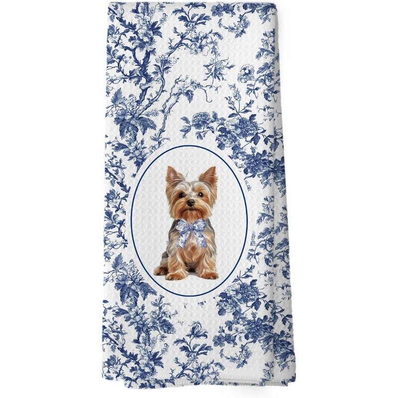 TEMU 1pc Of 18 By 26 Inch Chinoiserie Bow Yorkshire Terrier Kitchen Dish Towels, Perfect Gifts For Love , Featuring Blue And Designs For Kitchen Tea