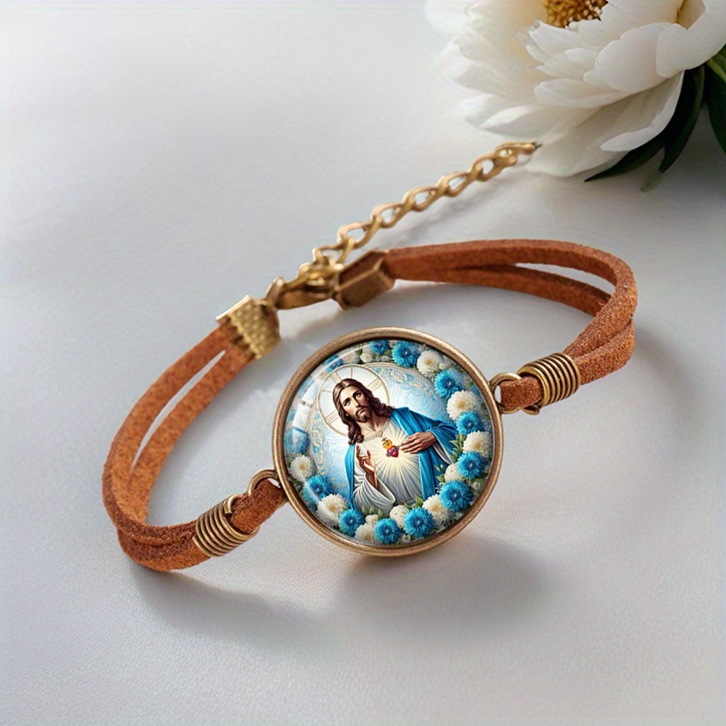 2pcs Virgin Mary and Jesus Retro Handmade Glass Cabochon Bangle Set