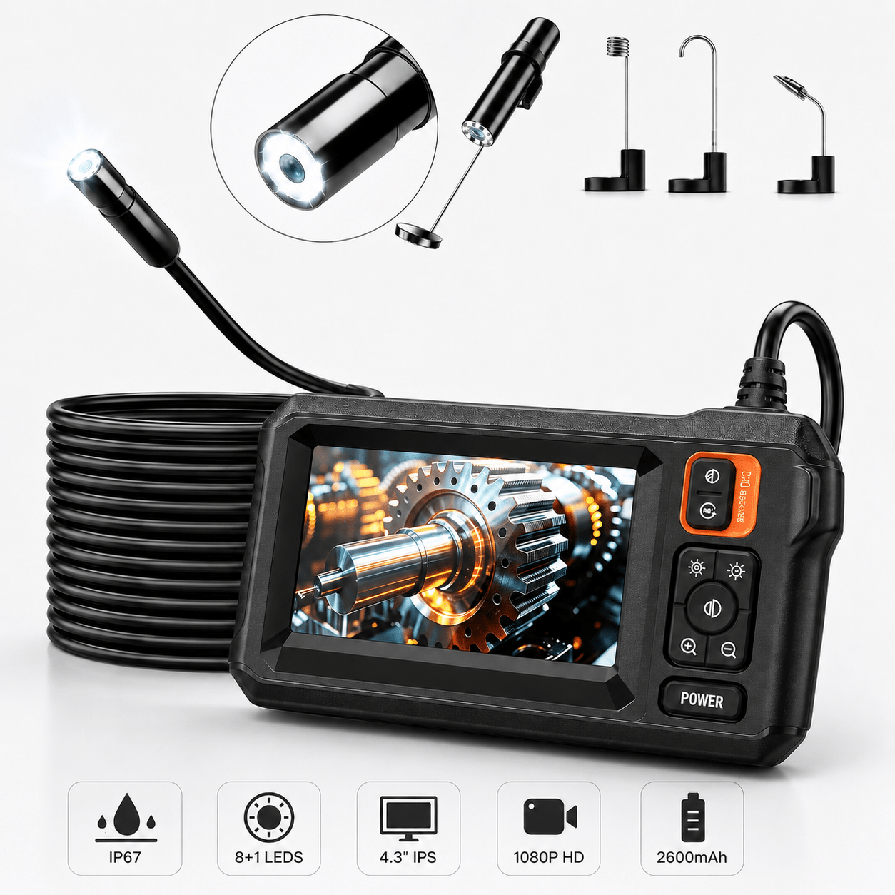 TEMU Telecamera endoscopica di ispezione da 10M con luce - 1080P HD, boroscopio, telecamera a IP67, IPS da 4.3', 1920P HD con 8 luci LED, batteria da