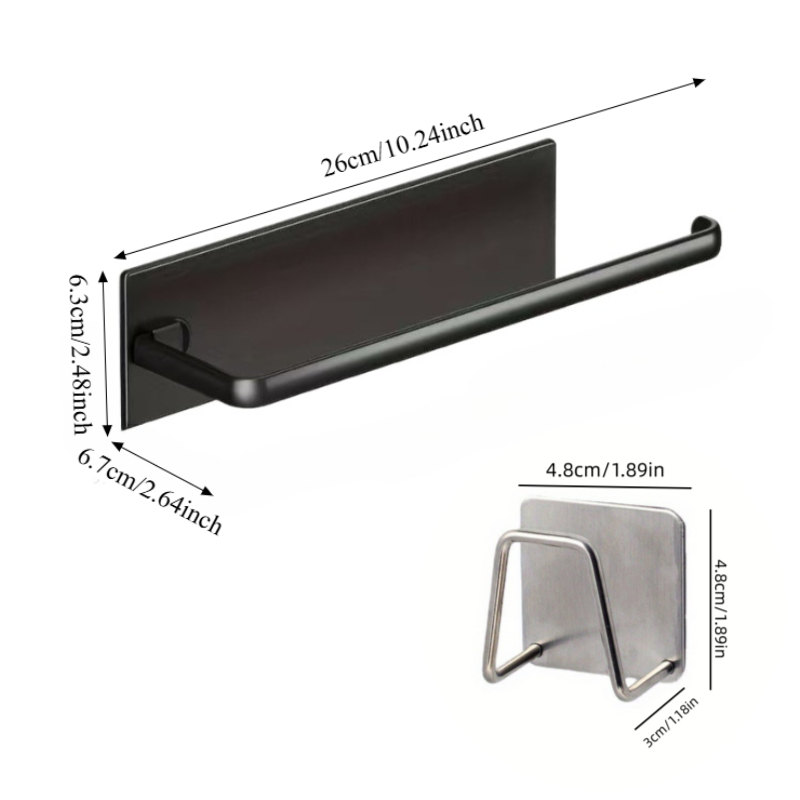TEMU 2pcs Black Self-adhesive Under-cabinet Paper Towel Holder - No-drill Wall-mounted Towel Rack With A Sponge Storage Shelf, Suitable For Kitchen,