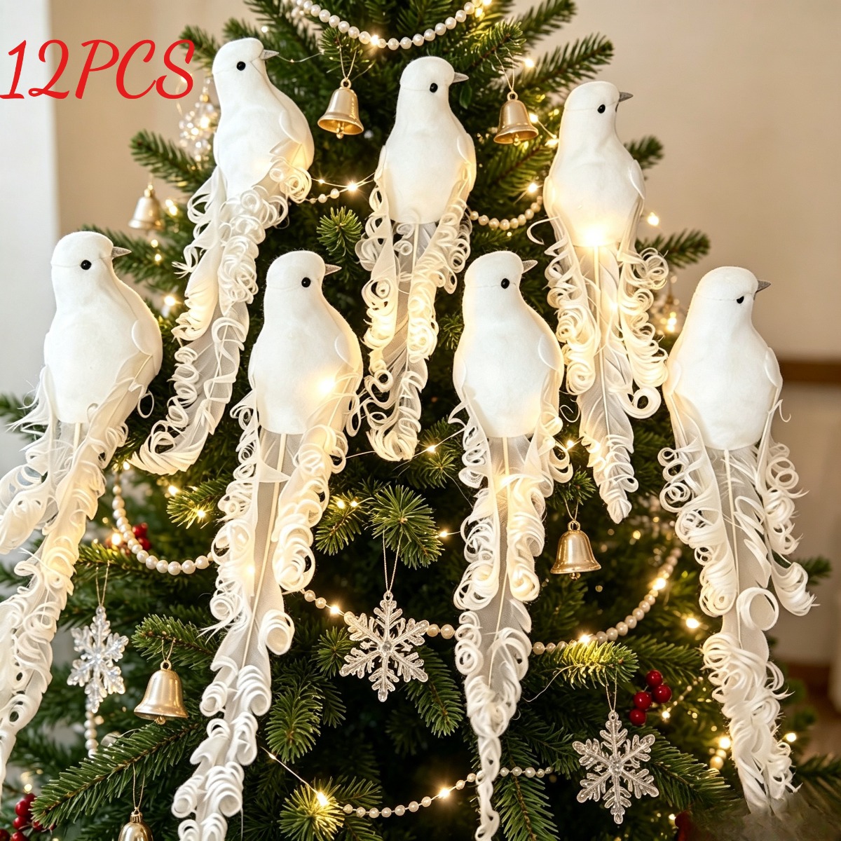 TEMU 12pcs Curly Clip-on Birds With Artificial Feathers - Realistic Suitable For Decor, Christmas Tree Ornaments, Plastic Feathered Doves For Mobile