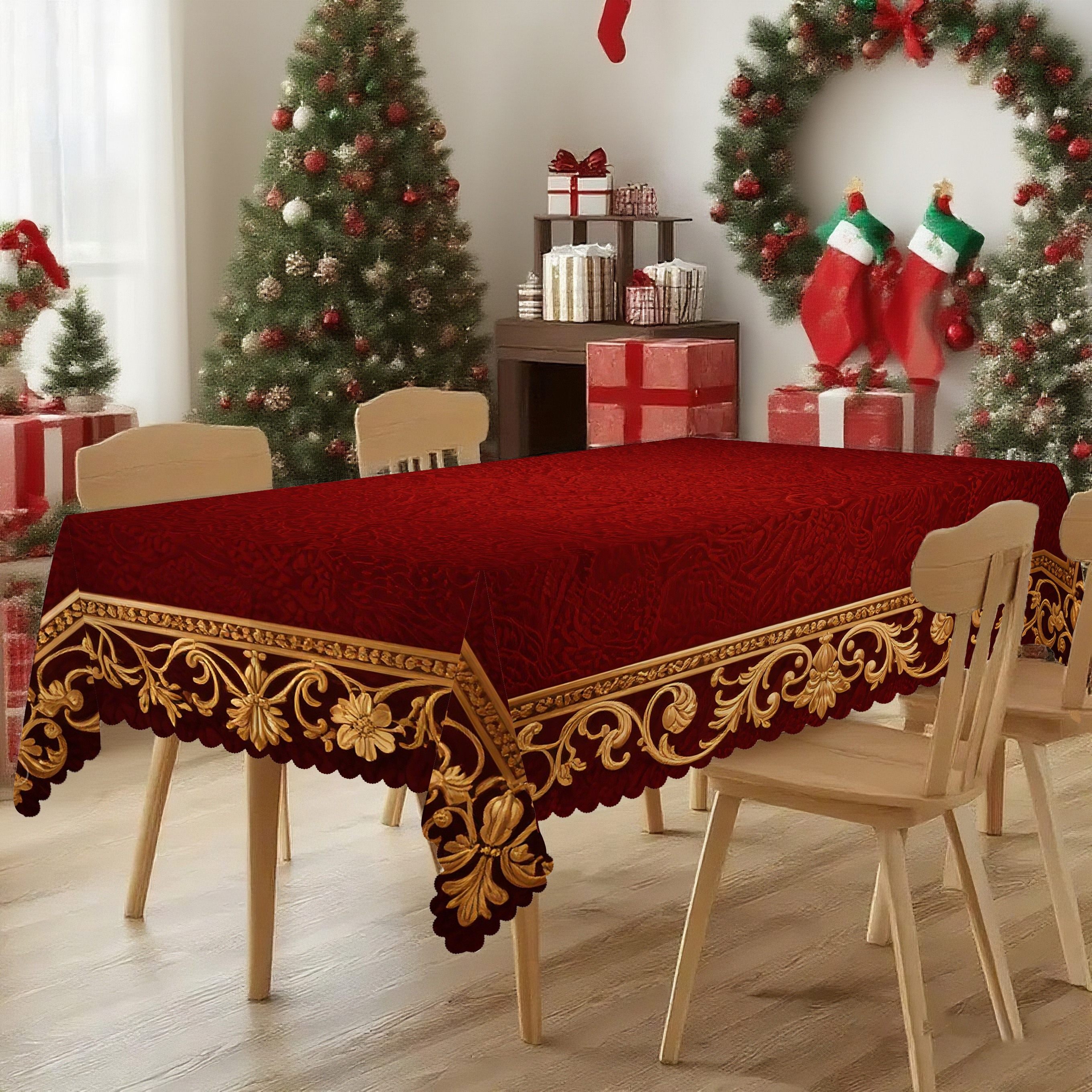 TEMU 2d Printed 1pc 59x59in/150x150cm Tablecloth, Printing Elegant Red Tablecloth - Luxury Floral Table Cover For Christmas, Halloween, Thanksgiving,