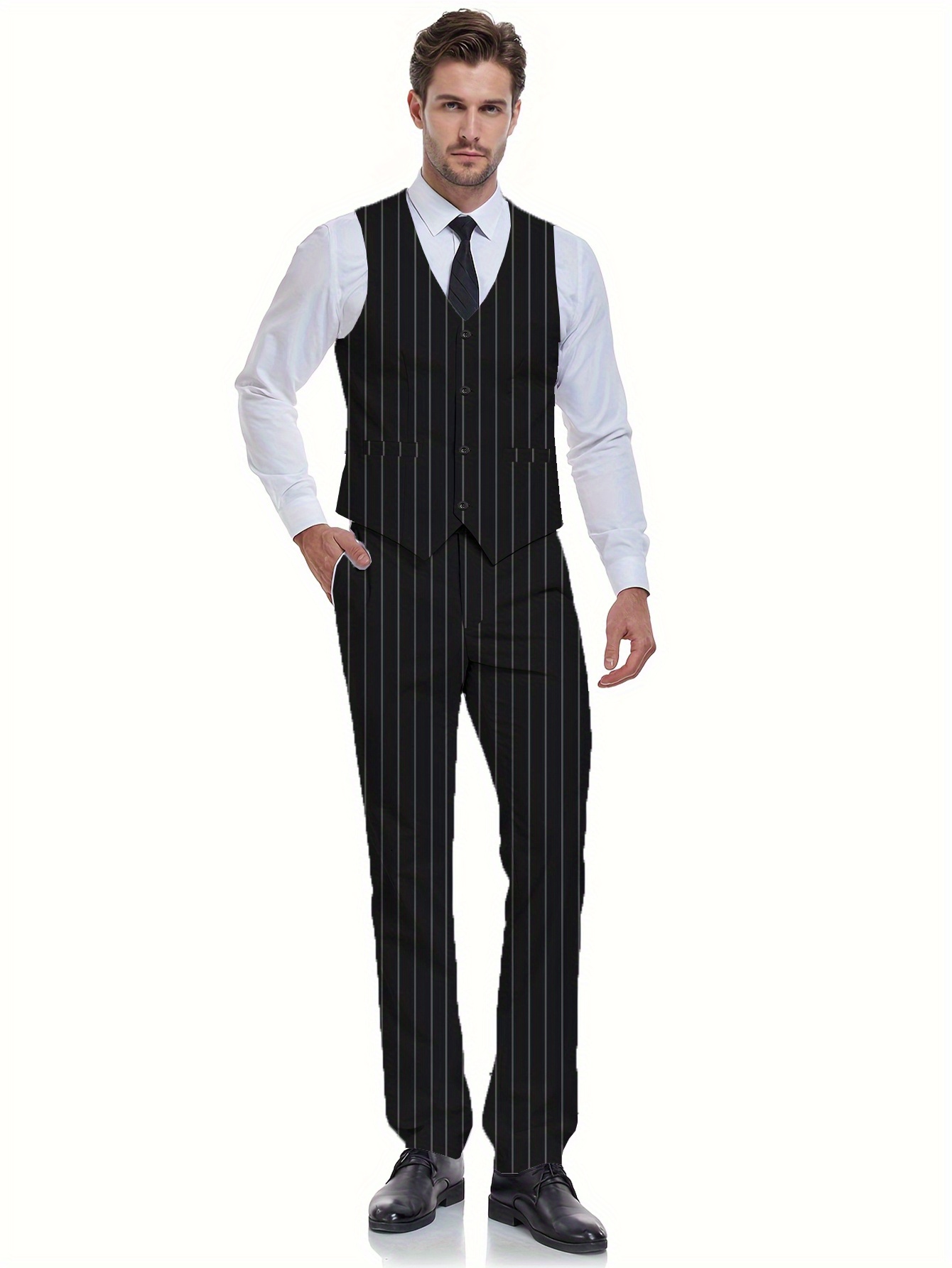 mens fashion 2pcs vest pants suit black striped pattern - Temu