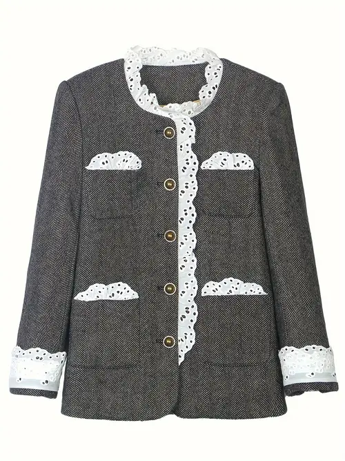 우아한 프랑스 레트로 다운 자켓, 과장된 레이스 프릴 디테일, 물고기뼈 양모, 오리 다운 충전, 정상 버전 긴 소매-가을과 겨울 시리즈