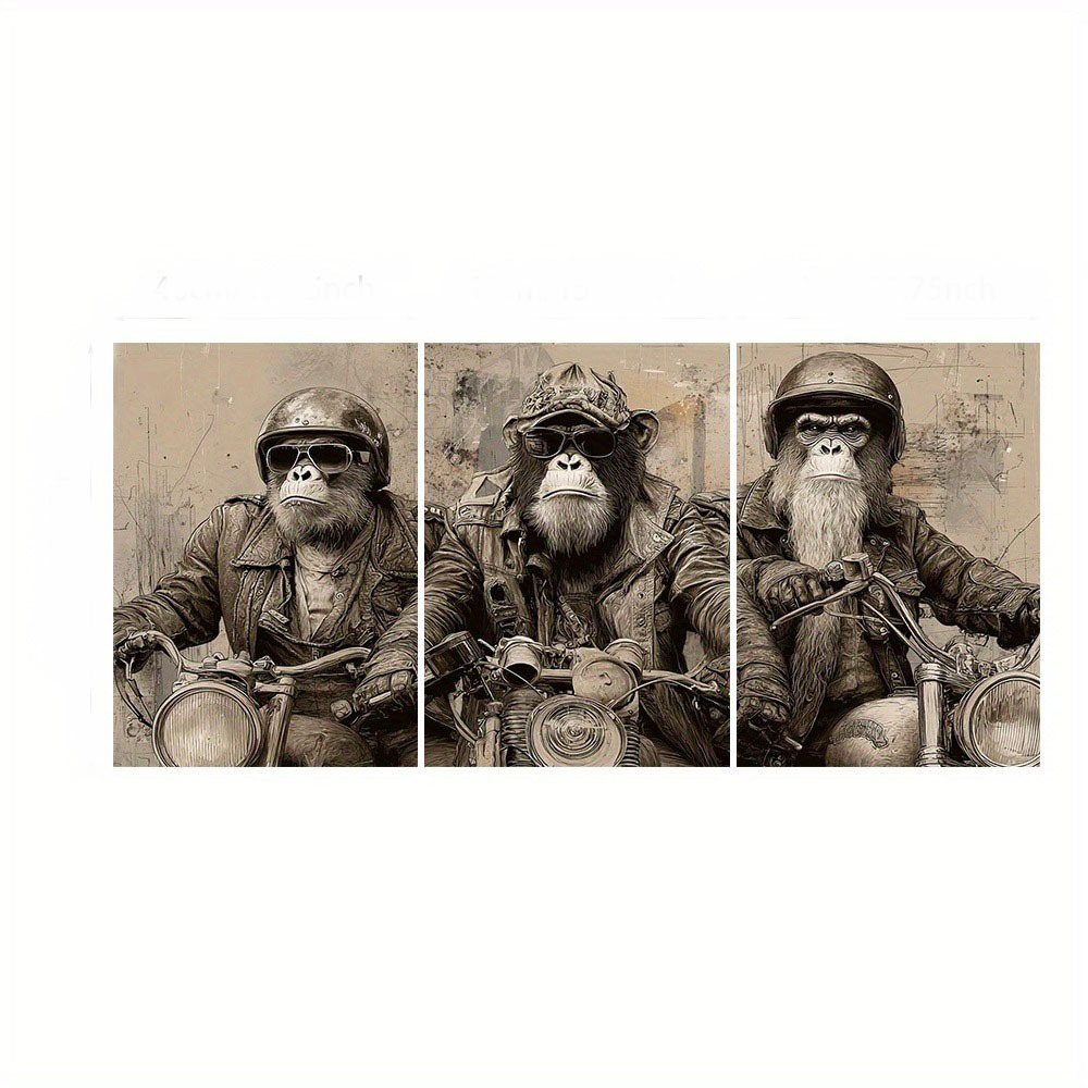 TEMU 2d Flat, 2d Flat, Set Of 3 Wall Art Posters, Framed Or Unframed, Featuring Motorcycle Gorilla Artwork On Canvas. Wooden-framed Pieces Are Ready