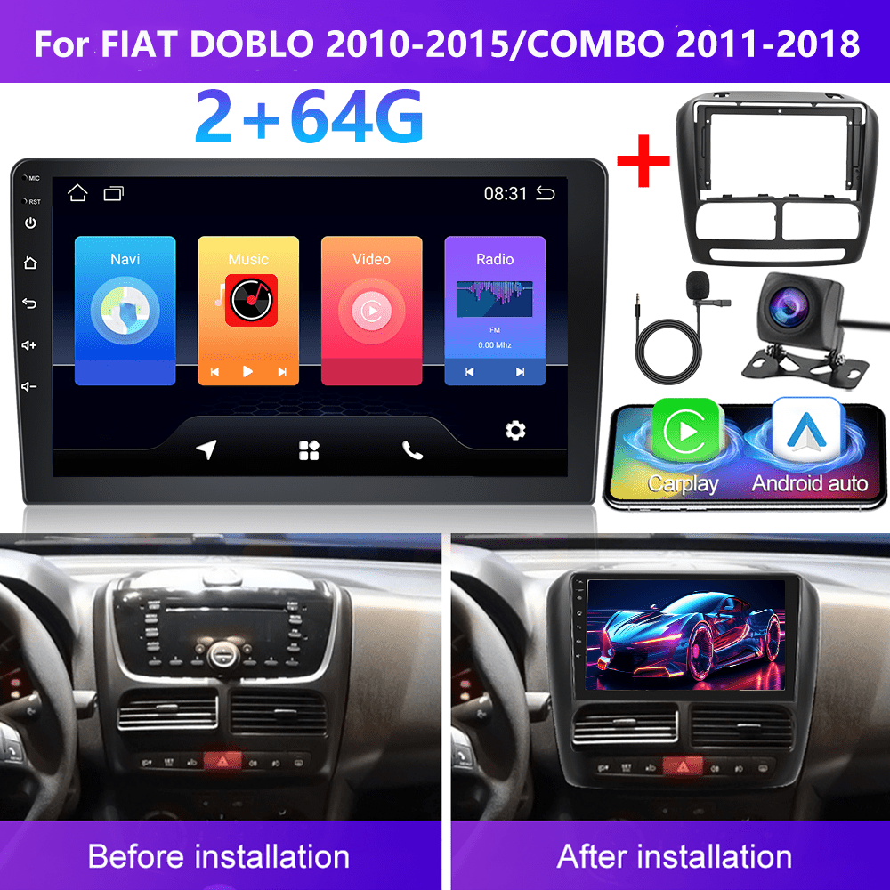 Image of [2g+64g]podofo 15 Car Stereo For Fiat 2010-2015/ Combo 2011-2018 (frame Included) Double Din Auto, 9 Inch Touchscreen Car Din With Gps Navigation Wireless Fm Hifi Wifi Usb + Ahd Backup Camera + Mic