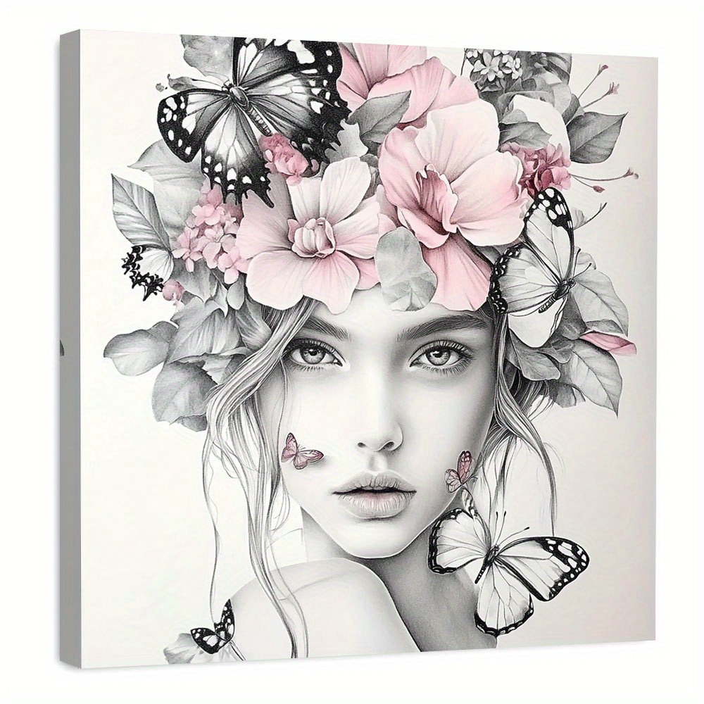 TEMU 2d Flat, 2d Flat, A Single Piece Of Contemporary Abstract Floral Artwork Featuring A Woman, Framed In Wood. This Elegant Design Showcases