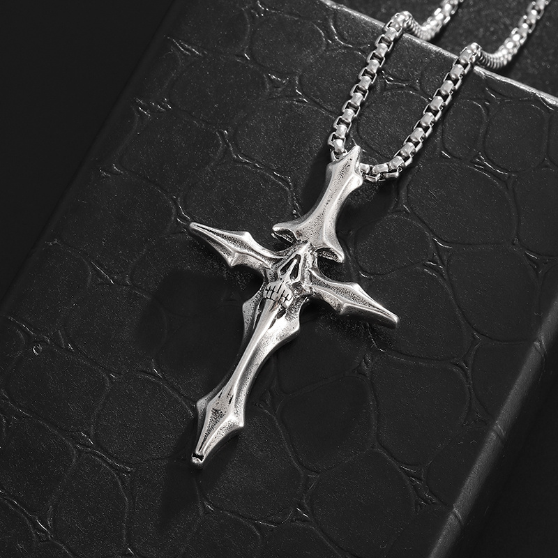 Punk Dark Skull Bone Cross Necklace, Trendy Pendant