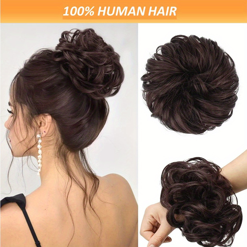 2pcs 4 inch brazilian human hair messy bun   extensions soft comfortable elastic scrunchie updo hair pieces for women natural look   versatile for daily formal events hair accessories evening hairstyle soft texture details 0
