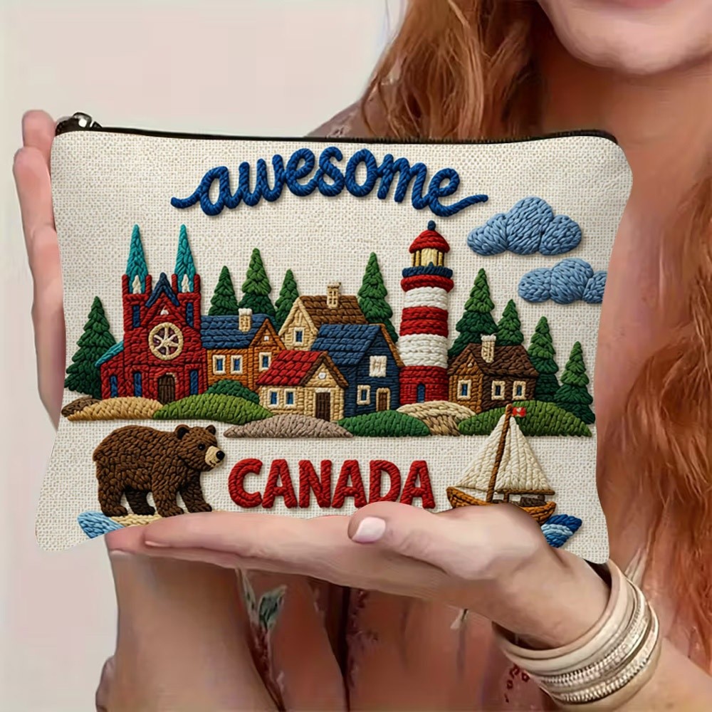 TEMU Women's Canadian-themed Makeup Bag & Coin Purse - Lightweight Zippered Pouch Suitable For Toiletries, Travel, Canadian City Landscapes Gift For