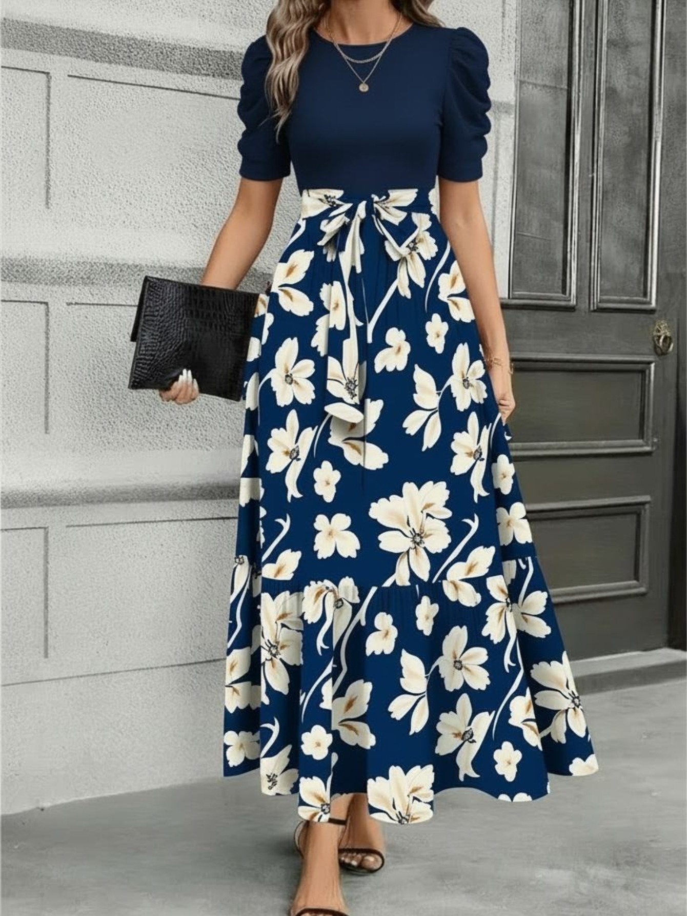 chinese dress ladies Casual Boho T-Shirt Maxi Dress – V-Neck Side Slit Summer Dress in Navy Blue | Women's Boho Fashion | S main image 0