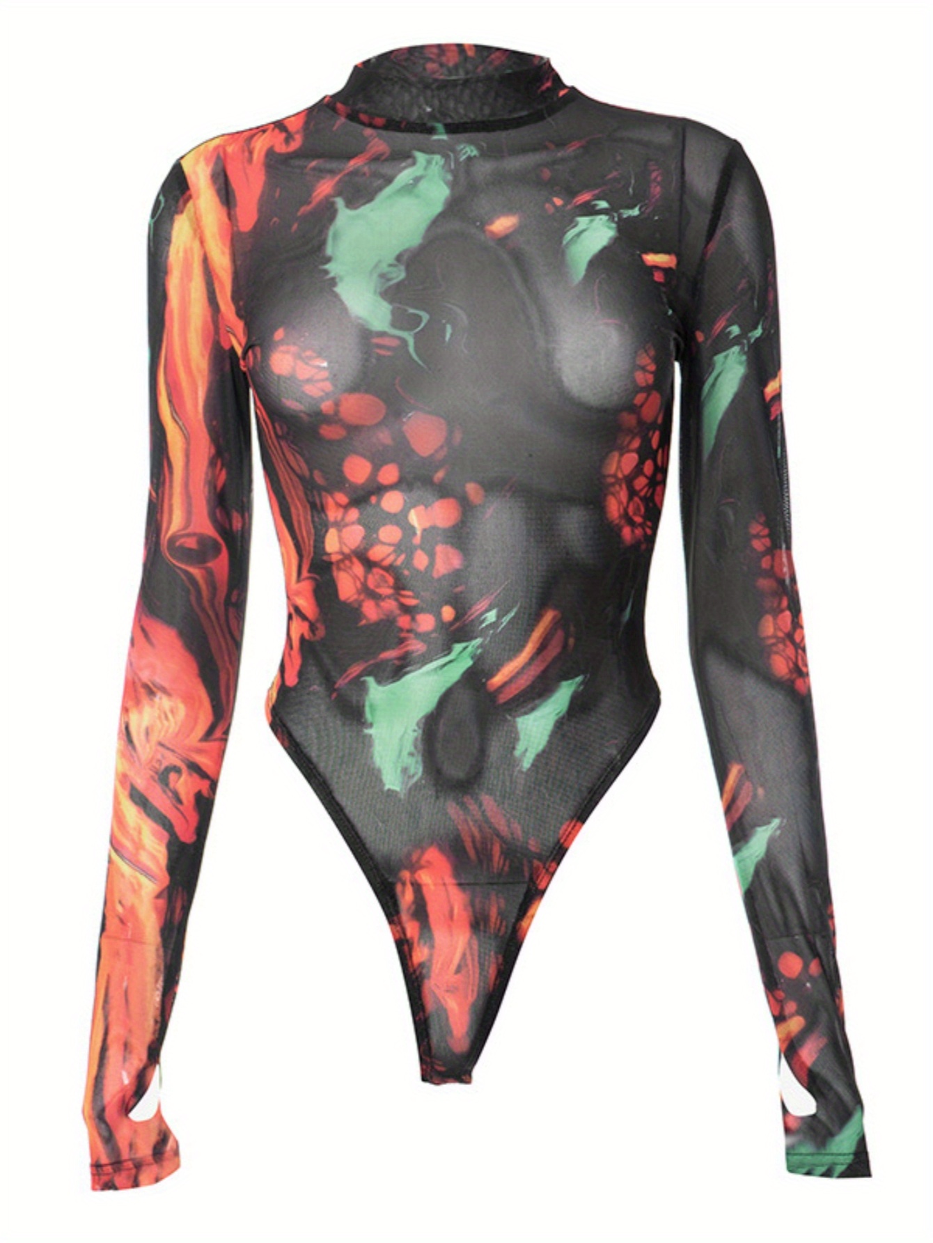 women s sexy sheer tie-dye mesh bodysuit - long sleeve round neck one-piece swimsuit with   (red/green/black/orange),   beachwear & casual outfit, hand washable stretchy fit, vacation outfit,  , comfortable wear,   swimwear, summer wardrobe 0