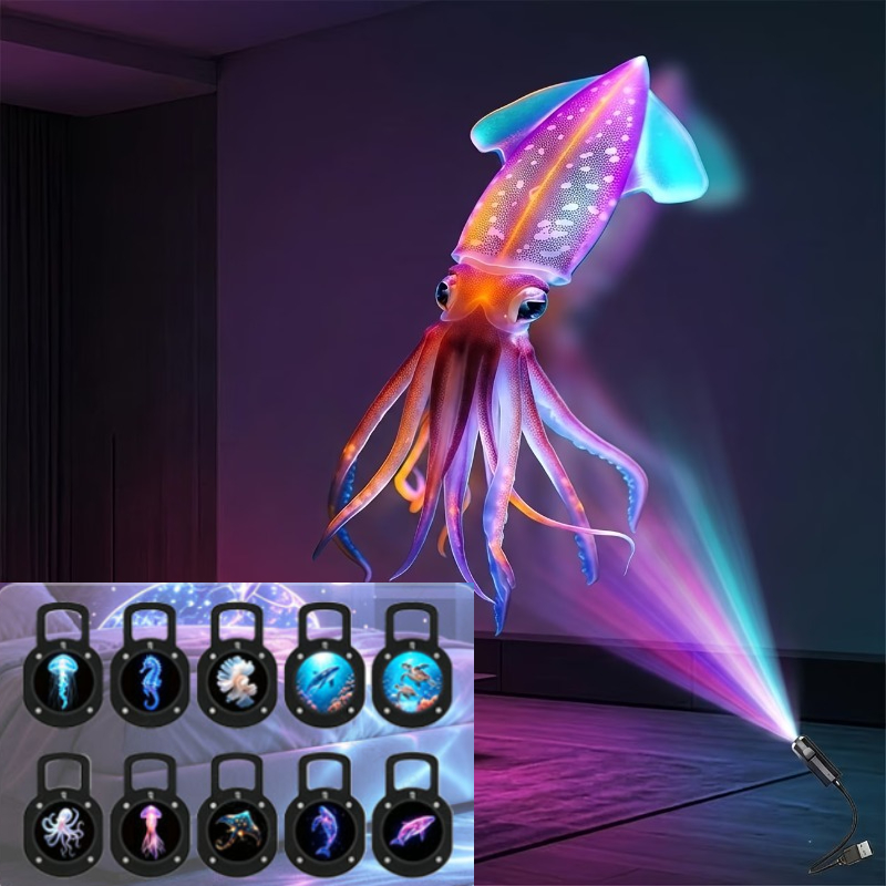 Image of Ocean-themed Projection Night Light, Creative Led Mood Lamp, Portable Bedside Lamp, Usb-powered 360° Rotating Projection Light, Includes 10 Replaceable Films, Bedroom Room Decor, Perfect Novelty Gift
