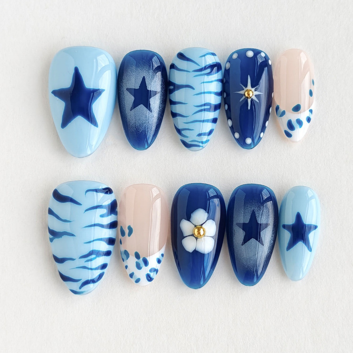 TEMU Nail 10pcs Handmade Press On Nails- Short Almond Shape, Blue Tones With Star, Zebra, Leopard And 3d Flower Rhinestone, Glossy End For Retro Cute