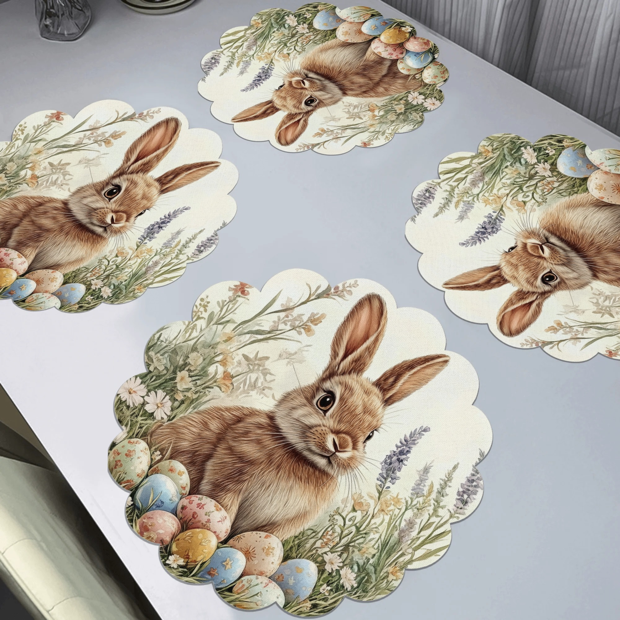 Image of Spring Rabbit & Floral Theme, 4pcs & 8pcs, Support Machine Washing, Polyester Mat. Suitable For Dinner Party, Home Decoration, Holiday Atmosphere, Anti-slip, Easy To Clean, Hd-print. 15x15in.