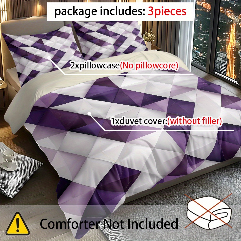 TEMU 3pcs Purple And White Geometric Pattern Background Pattern Duvet Cover Set - Includes 1 Duvet Cover And 2 Pillowcases (without Filling),