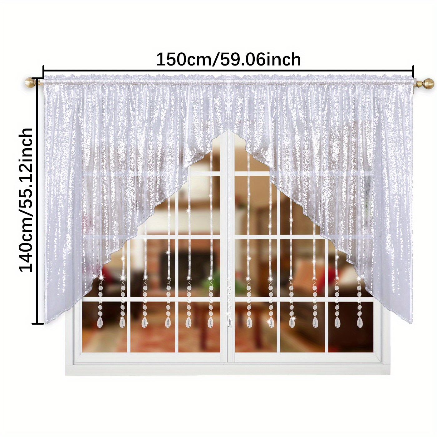 Image of Decorative Curtain With Gold And , 1 Piece, 2 Size Options (150x140cm/ 200x140cm), Water Drop Bead Embellishment, Elegant Half Curtain Divider, Perfect For Living Room, Dining Room, Bedroom