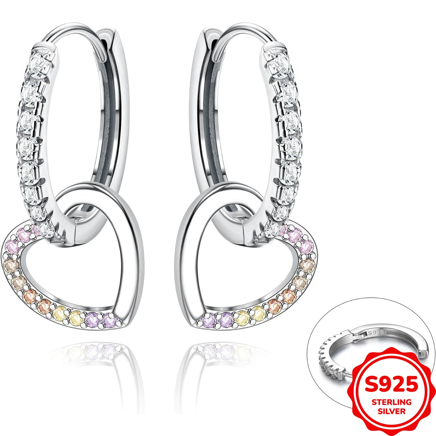 Image of 1pair 925 Sterling 925 Sterling Dangle Hoop Earrings Colorful Sparkling Heart Charm Small Drop Earrings Hypoallergenic Huggie Hoop Earring For Women 2.2g/0.08oz