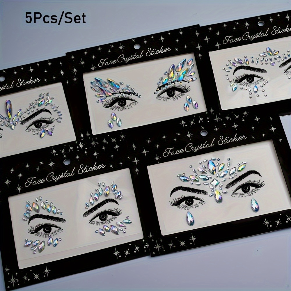 Image of 5pcs Sparkling Face Stickers Glitter Rhinestones Jewelry Sticker For Facial Decorative Art, Temporary Face Masquerade For Women's Cosmetic Decals, Facial Embellishments, Festivals. Holidays