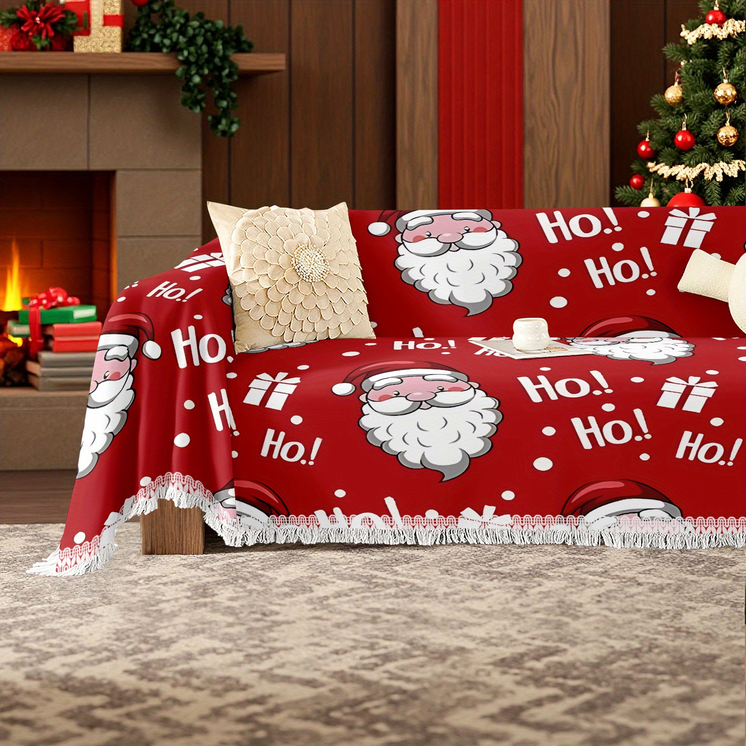 TEMU 1pc Festive Christmas Carol Print Sofa Cover - "ho! Ho! Ho! Merry Christmas" Design, Red Chenille Fabric, Machine Washable, Pet-friendly, Ideal