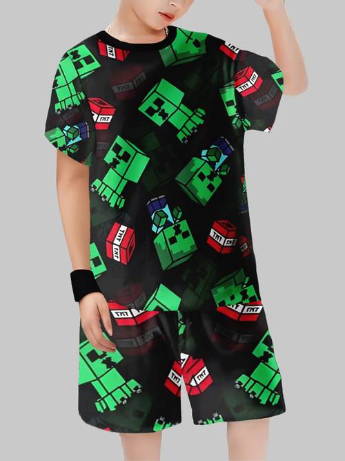 boys trendy and and summer new short sleeve set fashionable outfit 3d printed casual short sleeve top and shorts indoor and outdoor t shirt and shorts set for boys perfect for outdoor