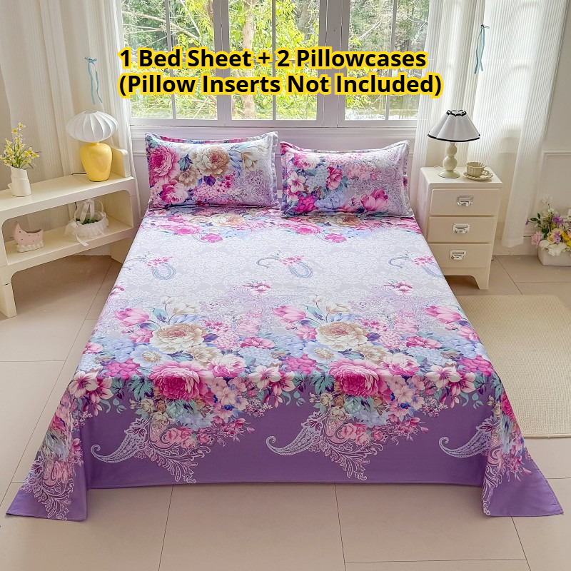 TEMU Ensemble de literie 3 pièces avec imprimé sur fond violet luxueux, comprenant 1 drap-housse et 2 taies d'oreiller (garnitures d'oreiller non