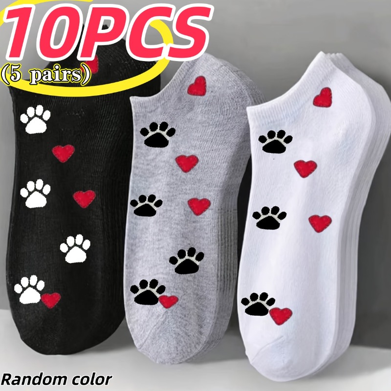 TEMU 10pcs/5 Pairs Women's Paw And Heart Boat Socks, Random Colors, Athletic Casual, Design - Comfortable And Easy, Suitable For Outdoor Leisure