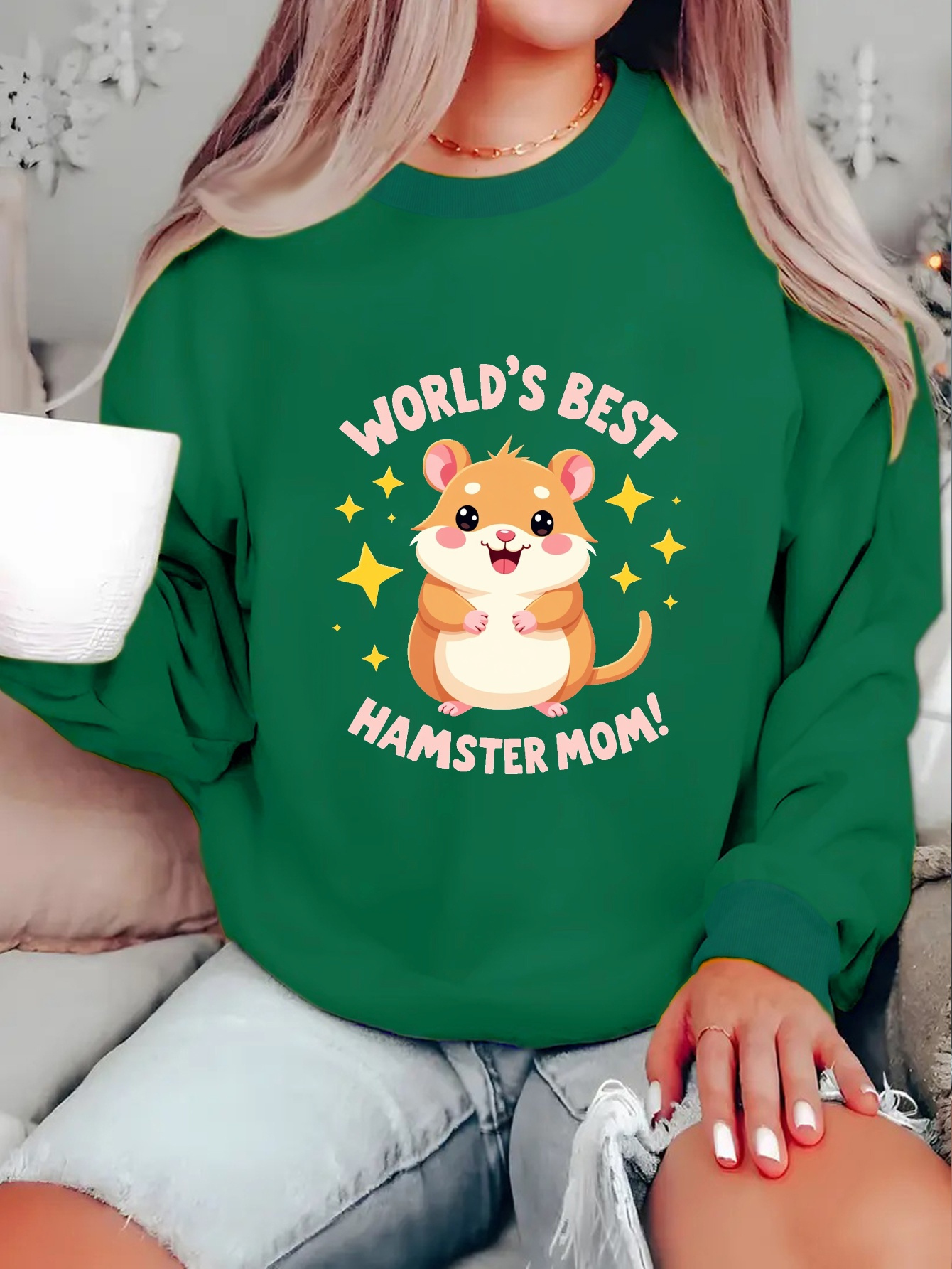 women's hamster mom graphic print crew neck sweatshirt black