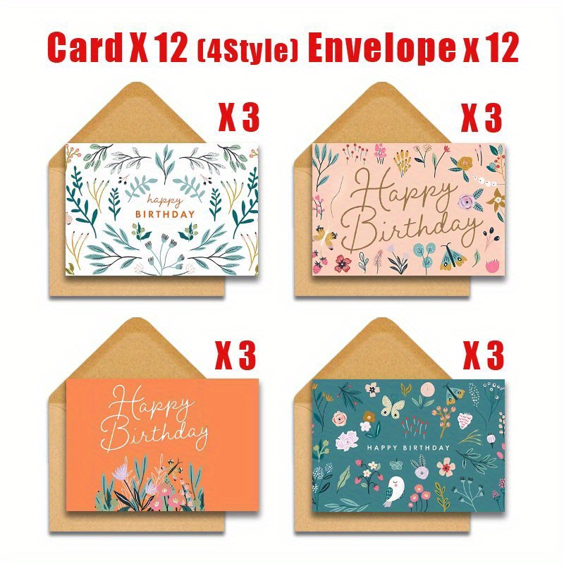 E-shop 24 Stück Grußkarten mit Umschlägen, Vintage-Blumenillustration, Geburtstagskarten, Geburtstagskarte für Freunde, Kollegen und Familie, Happy