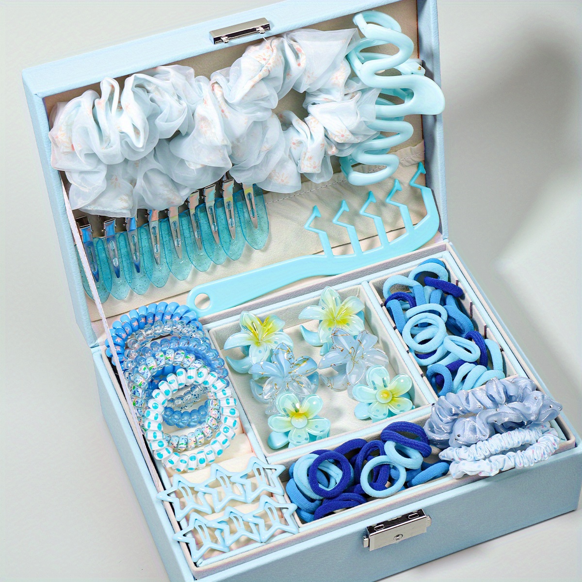 

Elegant Blue Hair Accessory Set For Women - Includes Scrunchies, Clips & Combs With Floral/hollow Designs - Weddings & Birthdays