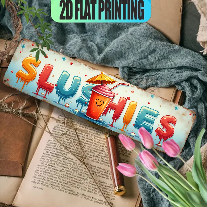 TEMU 2d Flat, Vintage A Smiling Slushie Cup With '' Letters Aluminum Sign - Rustic Ornate Border Wall Decor Plaque, 3.9x15.7 Inch (10x40cm) Durable