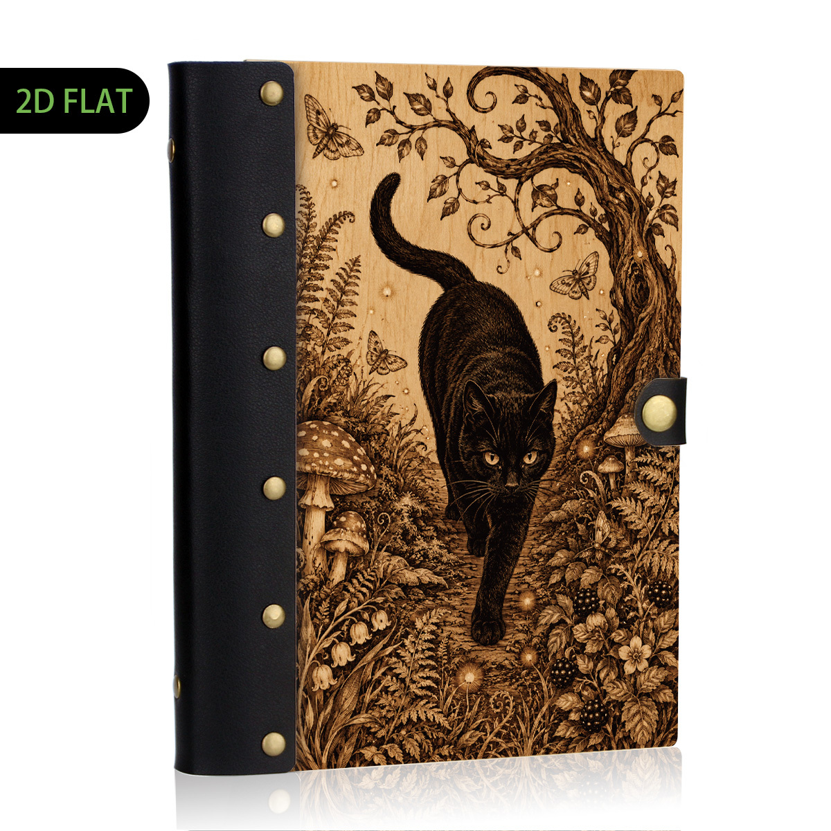 TEMU 1pc Forest Black Cat Wood Leather Binder Notebook, Refillable Loose Leaf, 2d Flat Hard Shell, Metal Rivets, Eye-friendly , Lined Pages, School