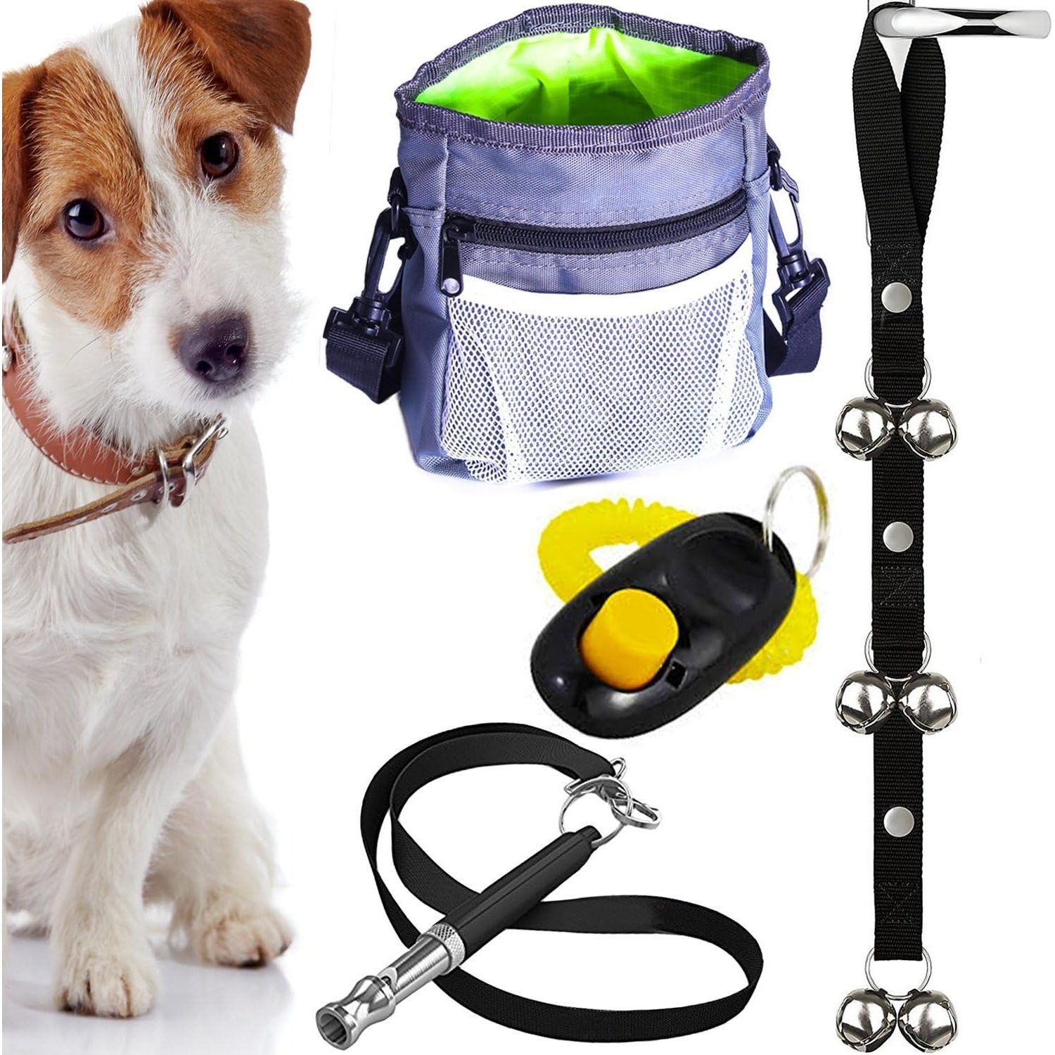 Beginner's Kit For Dog Training, Including A Clicker, Treat Pouch, Door Bells For House Training, And An Ultrasonic Whistle, Designed For Teaching Commands, Managing Barking, And Potty Training