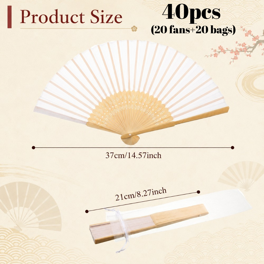 TEMU 40pcs (20 Fans And 20 Bags) , The Handle Of The Fan Of Bamboo, Durable And Portable Flat Woven Fabric Strap, Gift For Her/him White Folding Fan