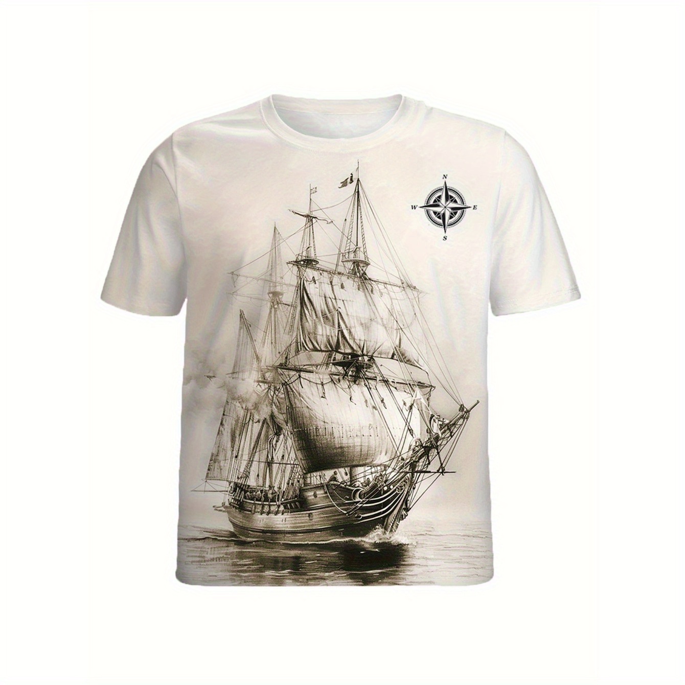 

Men' Sailboat & Compass Print T-shirt - Soft Cotton, Crew Neck, Casual Summer Tee