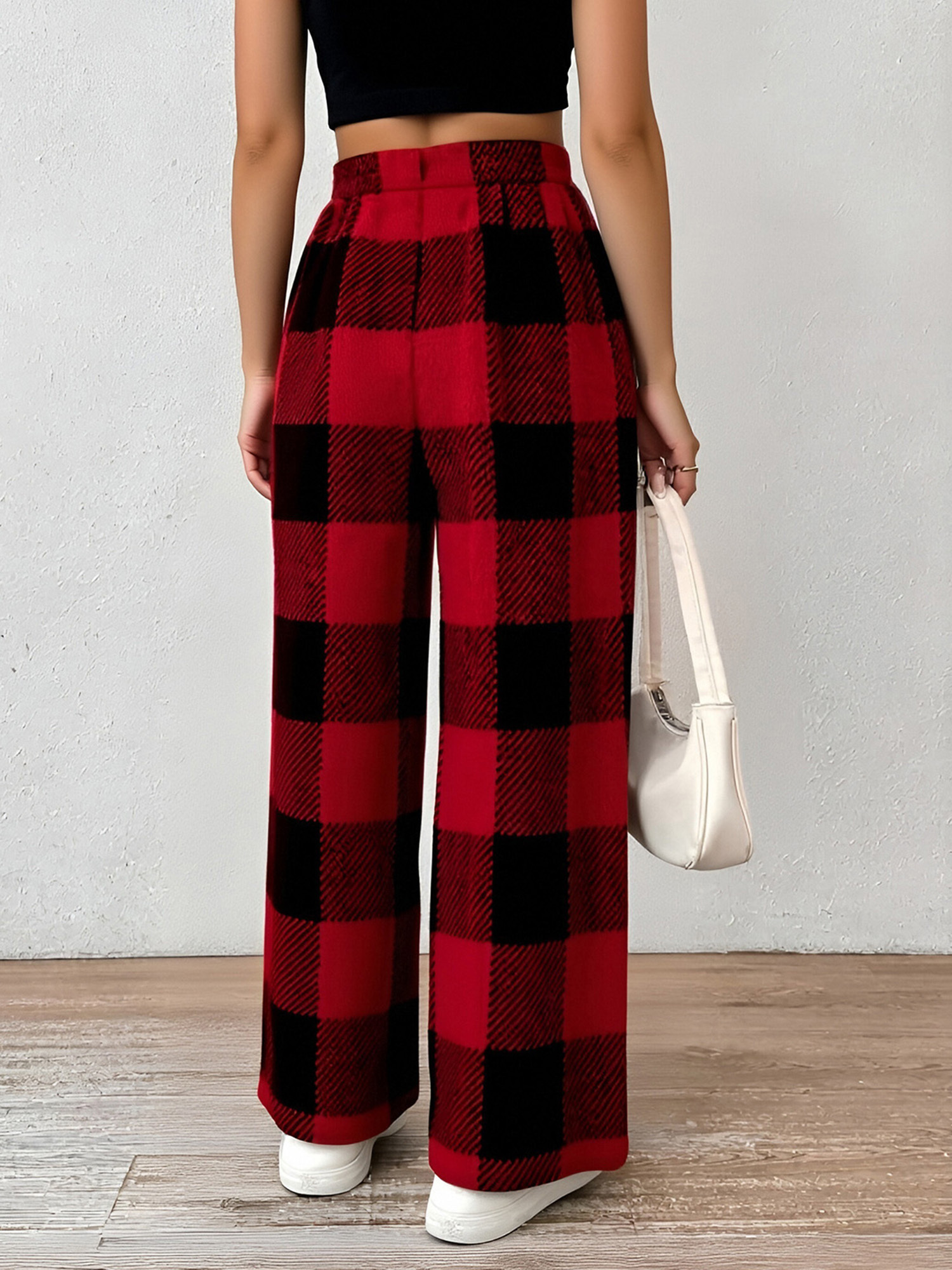 womens winter plaid wide leg pants elastic waist loose fit - Temu