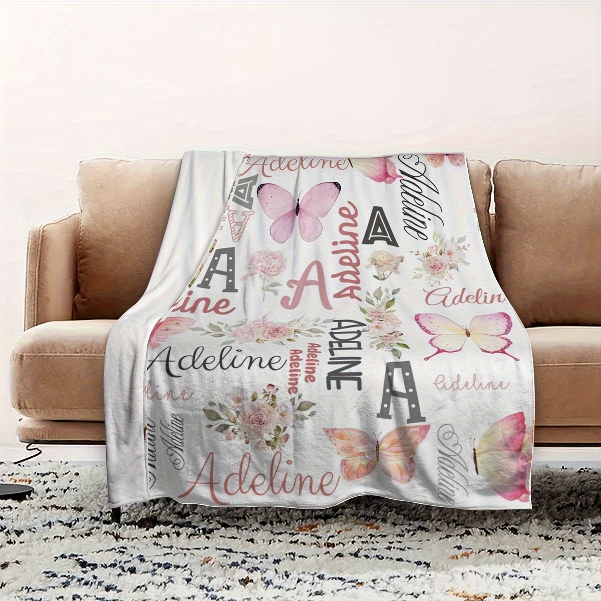 Personalized Custom Name Blanket, Pink Butterfly Pattern