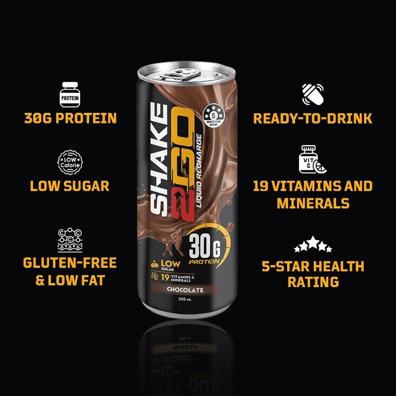 Shake2Go Chocolate Collagen Protein Shake - 30g Protein, Low Sugar ( Sweeteners), 19 Vitamins & Minerals, On-the-Go Meal Replacement, Healthy Energy Drink for Gym, Post, Sports Nutrition Supplement