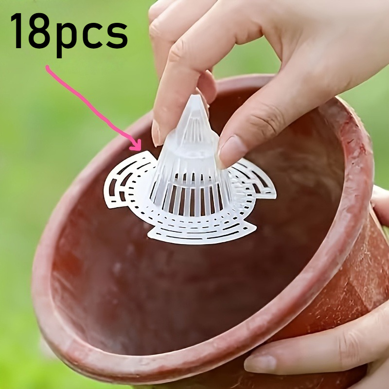 TEMU 18pcs Flower Pot Bottom Filters, Durable Plastic Cone-shaped Root Protectors, Cage-like Structure, Preventing Rot And Enhancing Drainage,