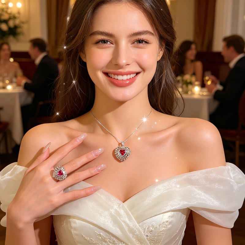 Women's Two Tone Golden Heart Adjustable Ring & Necklace Set