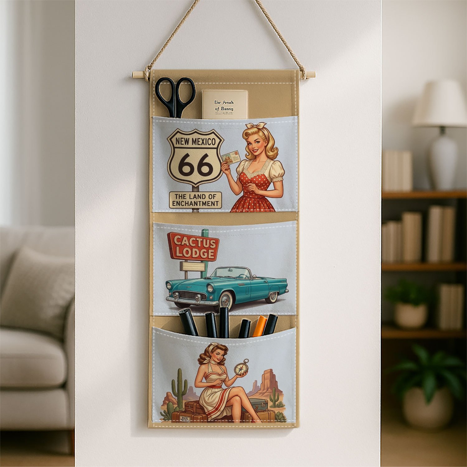 TEMU 1pc Vintage Wall Hanging Storage Organizer With Retro Pinup & Classic Car - Hanging Bag Suitable For Accessories, Toiletries, Wardrobe, Bathroom